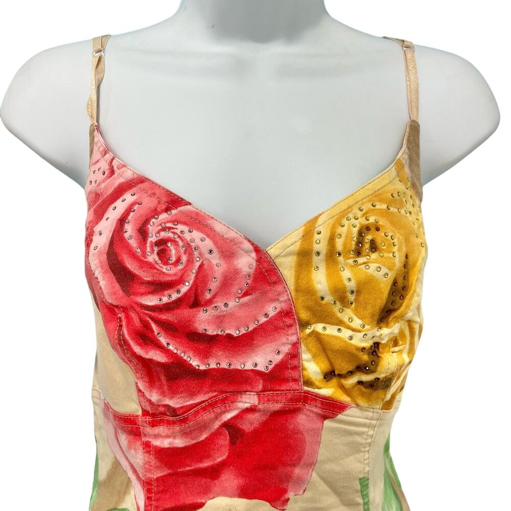 Y2K Pink Yellow Tan Floral Rhinestone Sleeveless Mini Dress 44 / M Angelo Marani - Picture 5 of 10